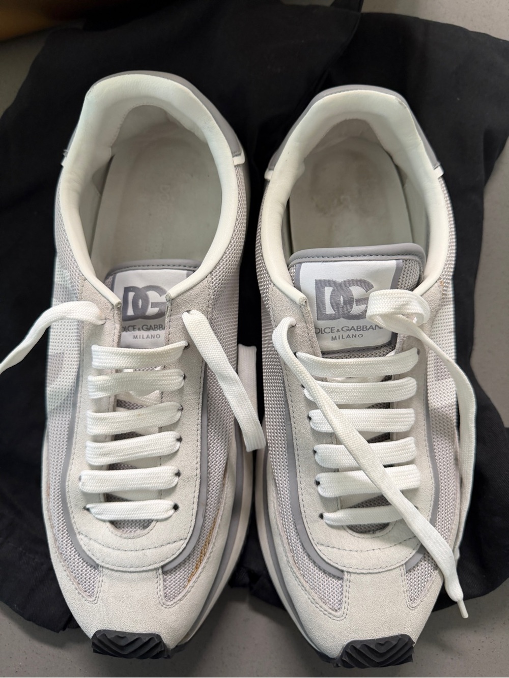Dolce and Gabbana White and Light Gray Leather Mesh Sneakers - Picture 3 of 6